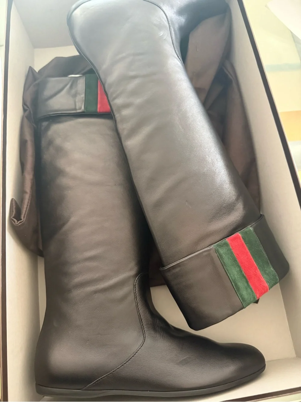 Gucci Black Leather Knee-High Boots with Web Stripe | Size 36